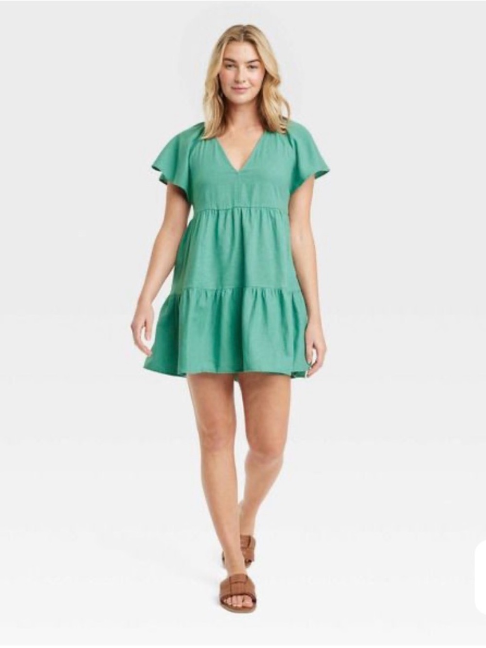 Linen blend Teal Short Sleeve V-Neck Tiered Dress